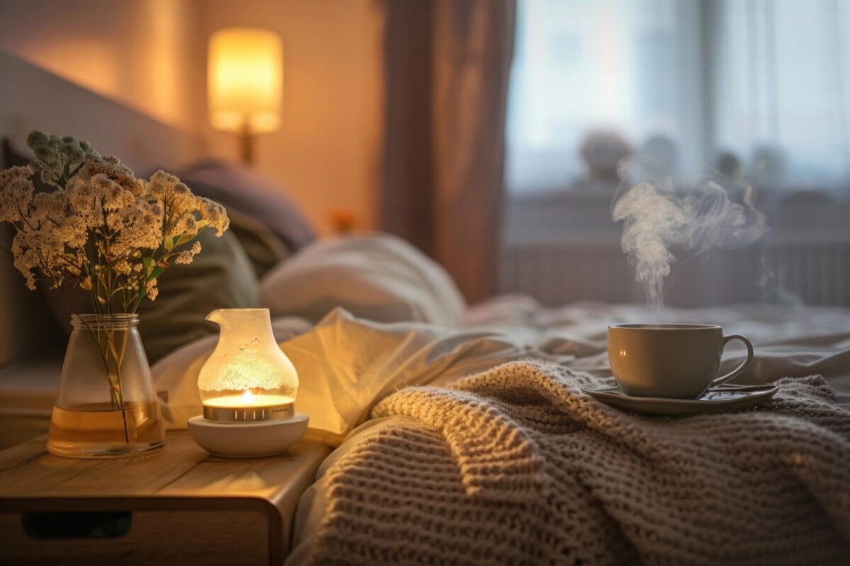 A cozy bed with knit blankets and a cup of steaming tea on top.