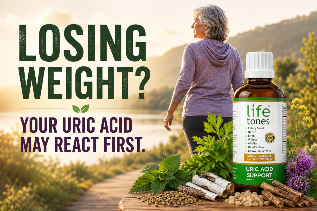 Older woman walking beside Lifetones Uric Acid Support and natural ingredients.
