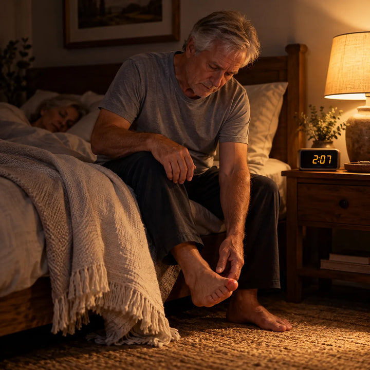A man in his 60s sitting on the edge of his bed at 2am looking at his big toe by lamplight