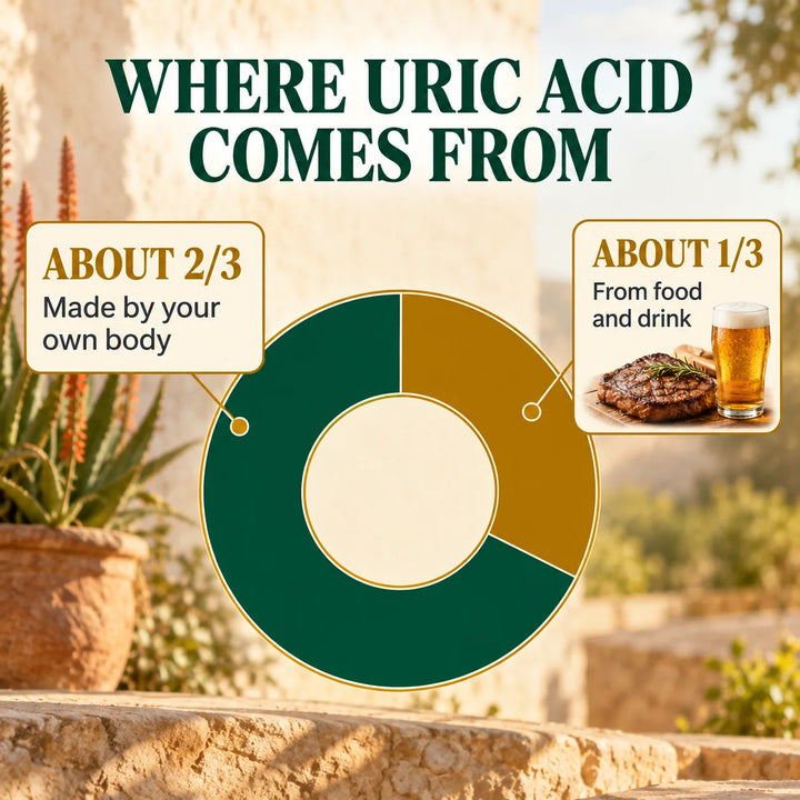 Where uric acid comes from: about 2/3 is made by your own body, about 1/3 comes from food and drink