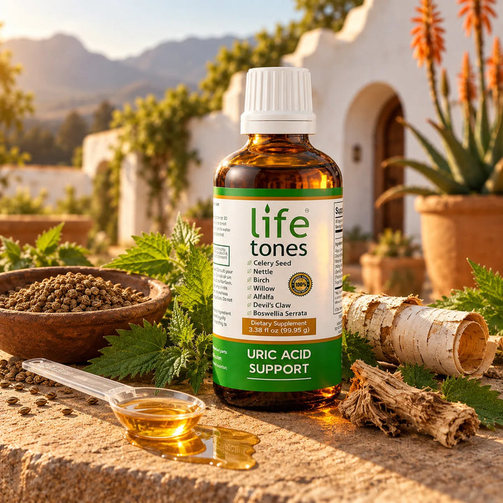 Lifetones Uric Acid Support tincture on a sunlit South African terrace with celery seed, nettle and birch bark