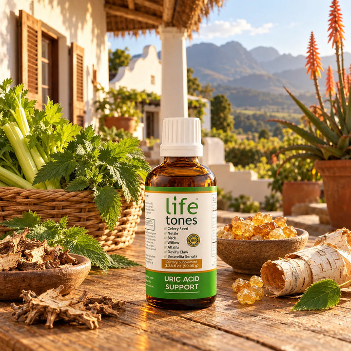 The Lifetones bottle on a rustic South African table with devil’s claw root, boswellia resin, birch bark, nettle and celery