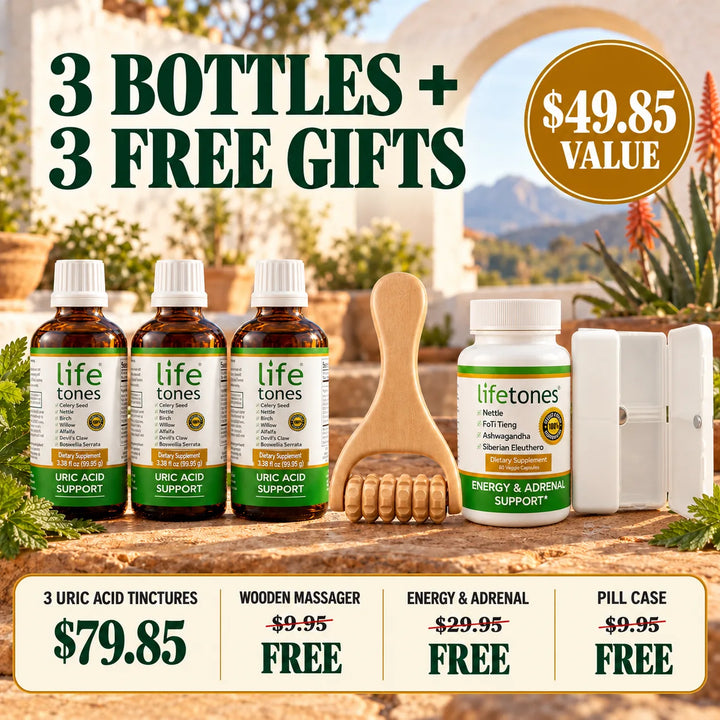 3 Lifetones Uric Acid Support tinctures plus 3 free gifts: wooden massager, Energy and Adrenal Support and pill case, $49.85 value