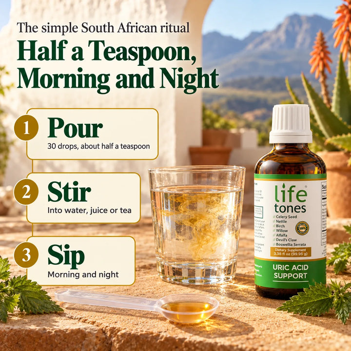 The simple South African ritual: pour 30 drops, stir into water, juice or tea, sip morning and night