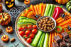 veggie platter with almonds in the middle and dark chocolates on the side, surrounded by spooky Halloween items, pumpkins, black fake spiders, etc.