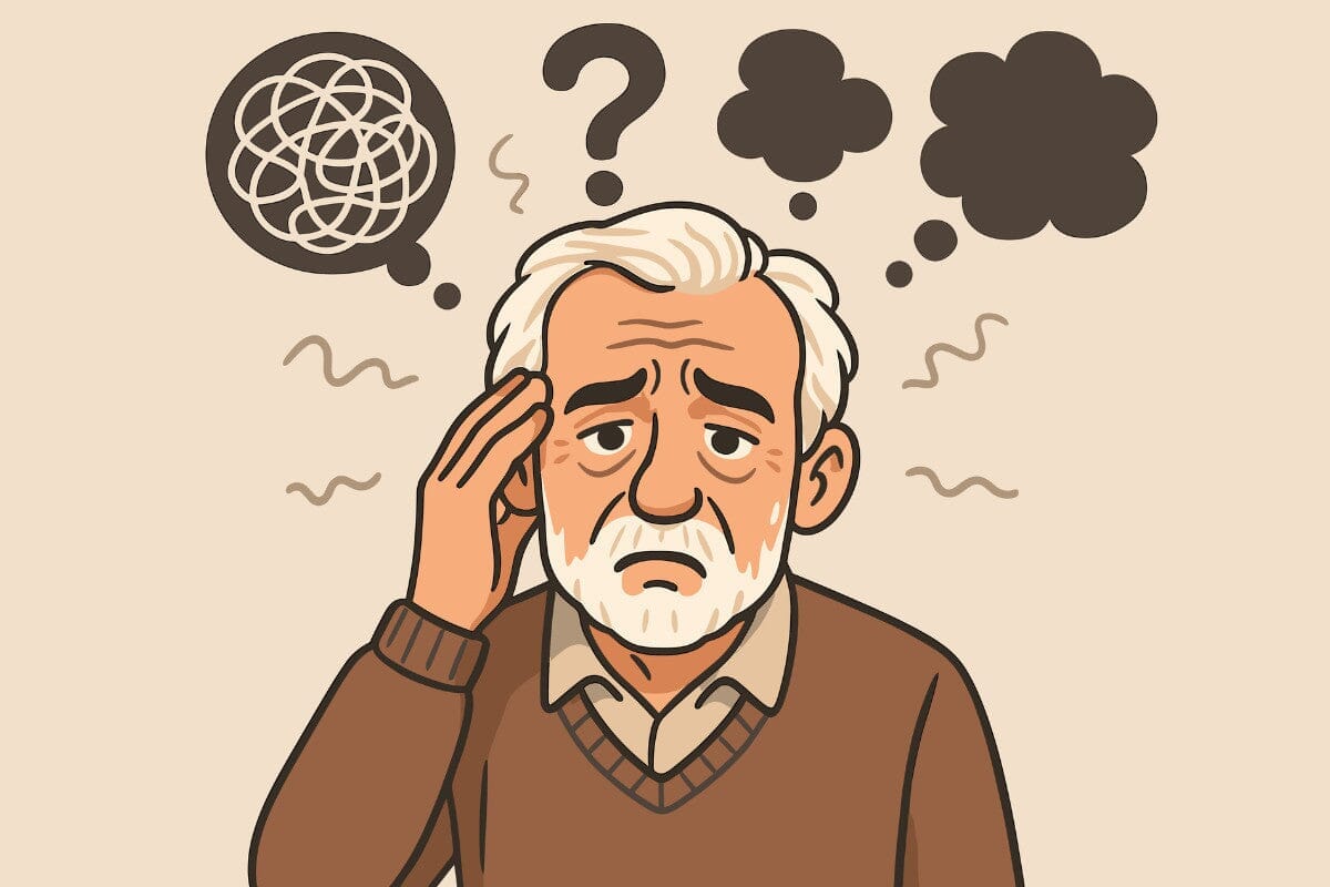 Graphic representing a senior man struggling with brain fog.