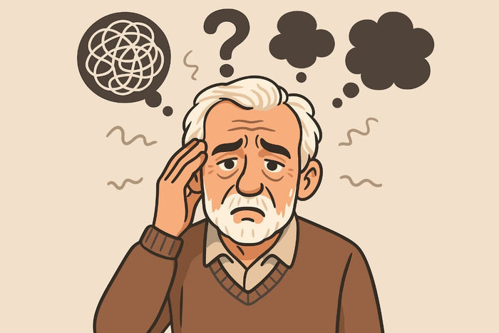 Graphic representing a senior man struggling with brain fog.
