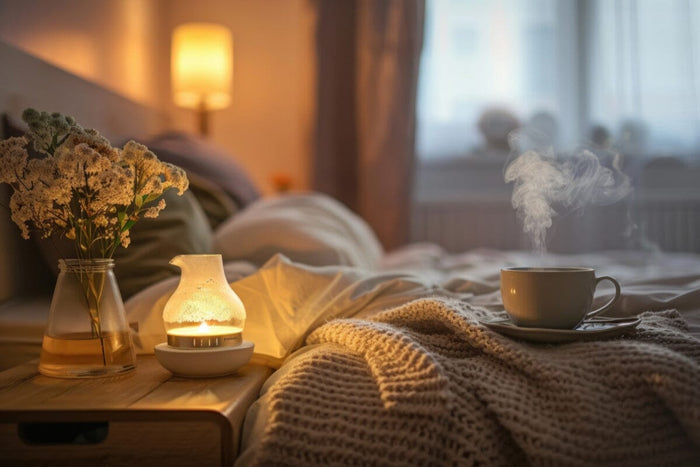 A cozy bed with knit blankets and a cup of steaming tea on top.