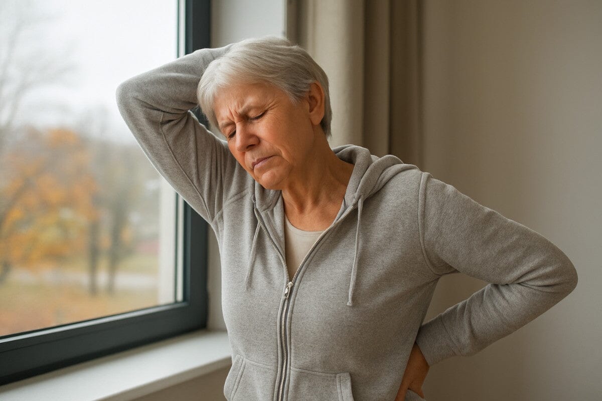 Senior woman in soft athletic clothing, looking tired or stretching lightly near a window on a cloudy day in autumn.