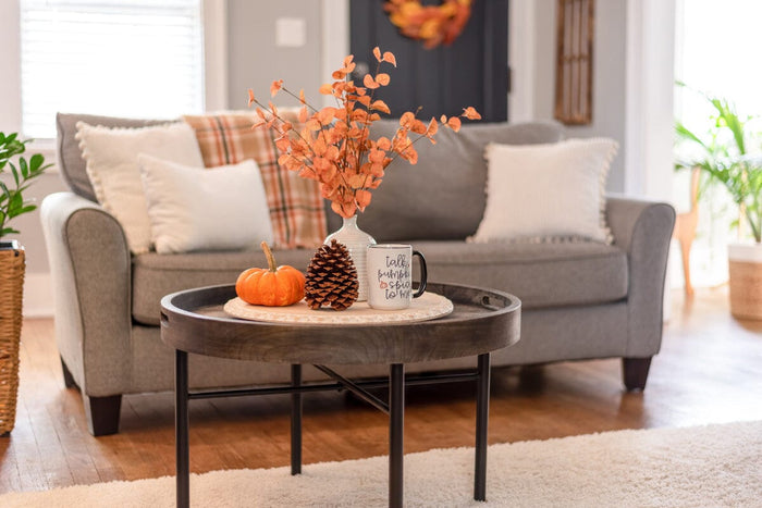 living room with gray couch, white pillows, and an orange plaid blanket. a small wooden table sitting in front of the couch with various fall elements, a pumpkin, an orange-leaved plant, and a pinecone.