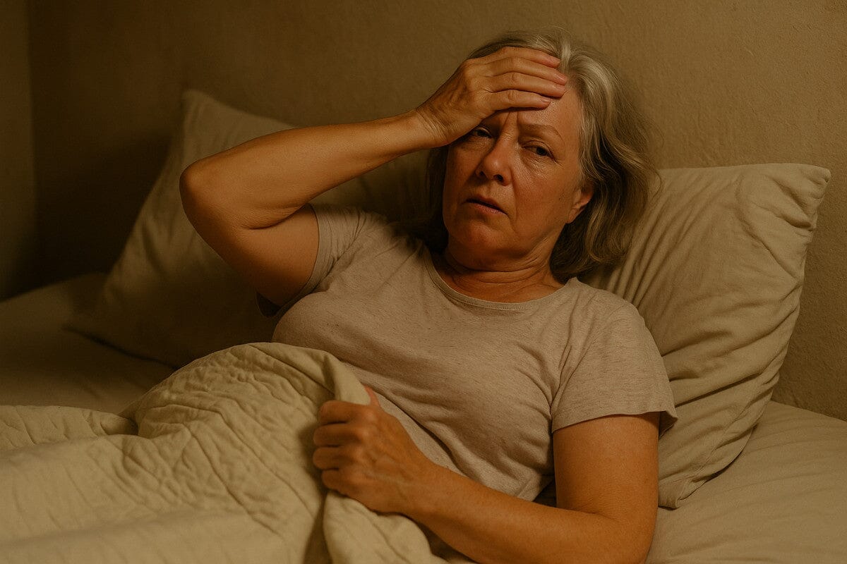 An elderly woman lies awake in bed on a summer night, looking uncomfortable and overheated. Her face appears tired and restless as she tries to sleep, with a fan in the background and dim, warm lighting in the room.