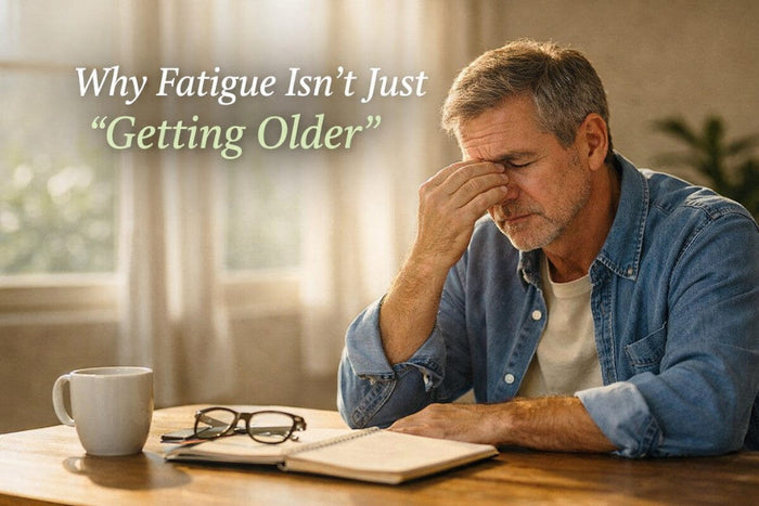 Middle-aged man rubbing his eyes at a desk with a notebook, glasses, and coffee, looking tired in warm sunlight; blog title overlaid.