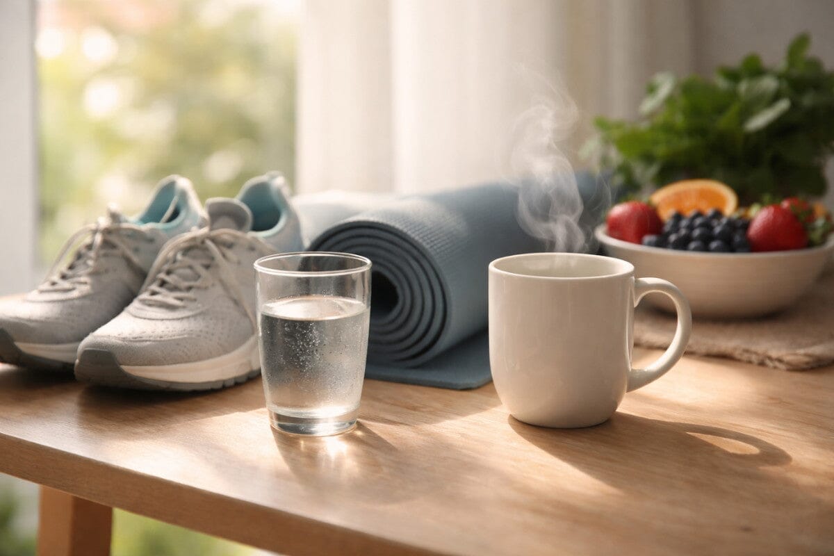 Steaming mug, glass of water, sneakers, yoga mat, and fresh fruit on a table in soft natural light, representing post-holiday recovery and wellness.