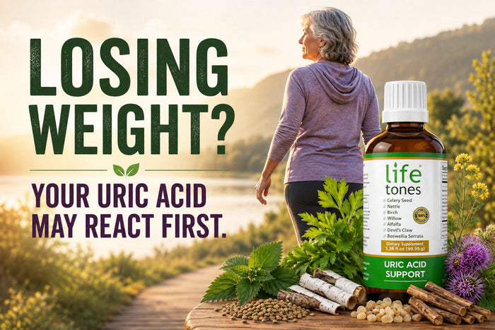 Older woman walking beside Lifetones Uric Acid Support and natural ingredients.