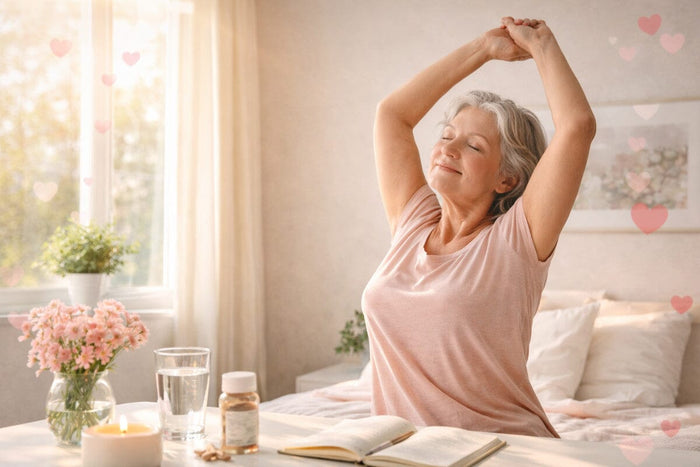 An older woman stretches her arms above her head in a sunlit bedroom, with a glass of water, supplements, an open notebook, and a candle on the table, symbolizing daily self-care and wellness.