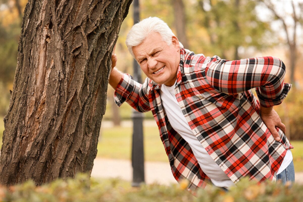 Senior man wearing a plaid fannel shirt, leaning against a tree in early autumn.