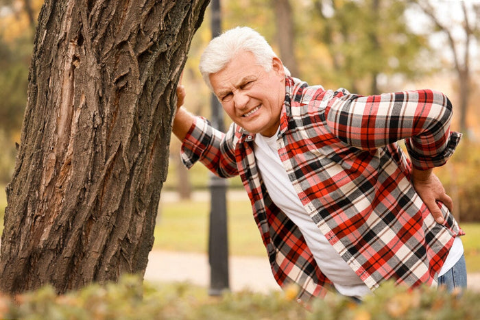 Senior man wearing a plaid fannel shirt, leaning against a tree in early autumn.