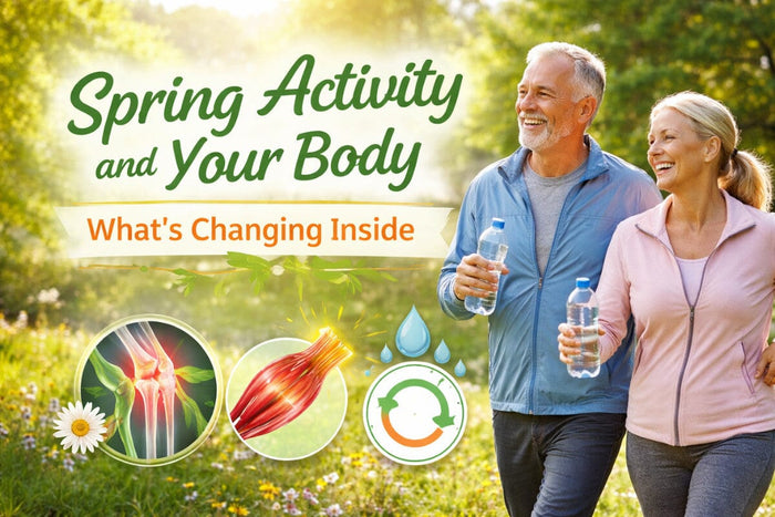 Smiling 50+ couple walking outdoors on a sunny spring day, holding water bottles, with green grass and blooming flowers around them; icons show joint, muscle, and hydration support, illustrating spring activity and how the body adapts.