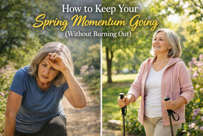 Split image of a woman in her 50s exercising outdoors in spring—on one side she looks exhausted and overheated, and on the other she walks calmly with poles, smiling and energized.