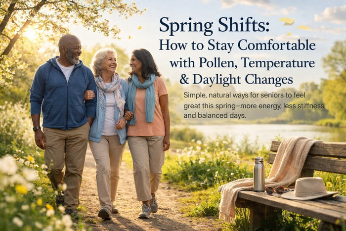 Group of seniors walking outside on a trail in spring.