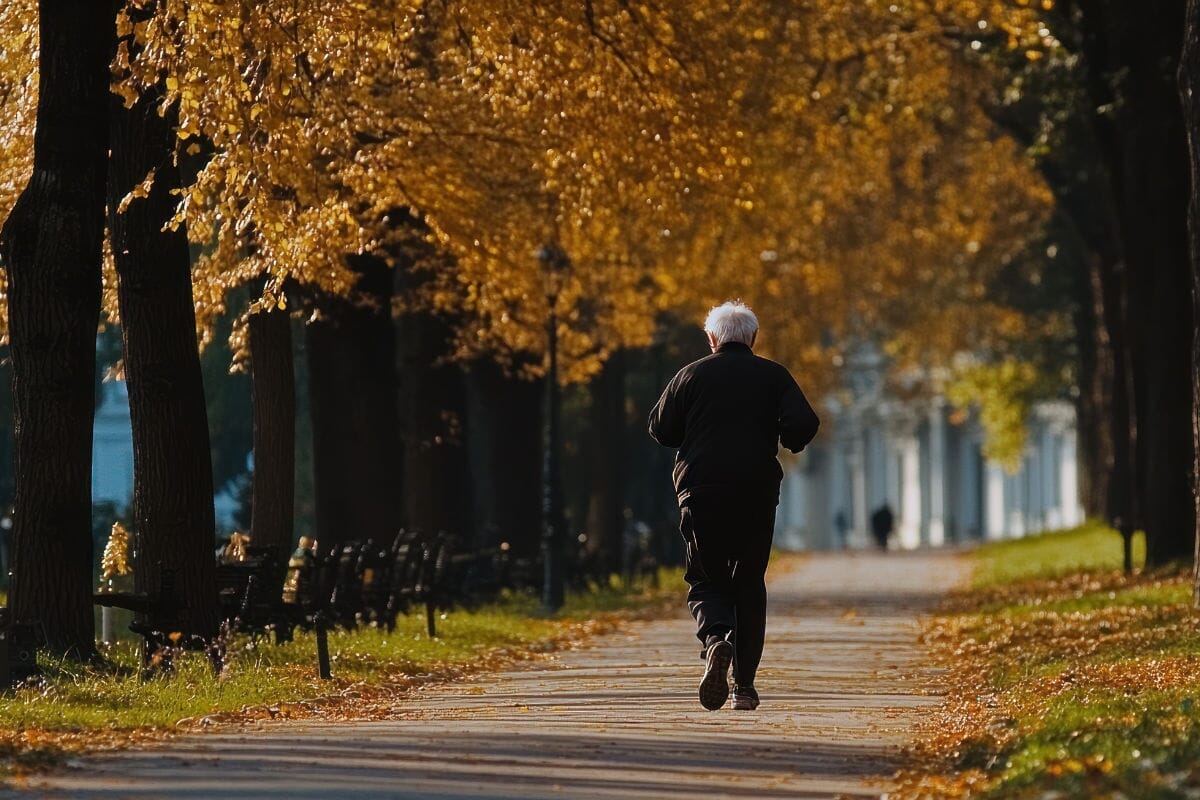 Back view of a senior man running on a trail with autumn leaves hanging overhead.