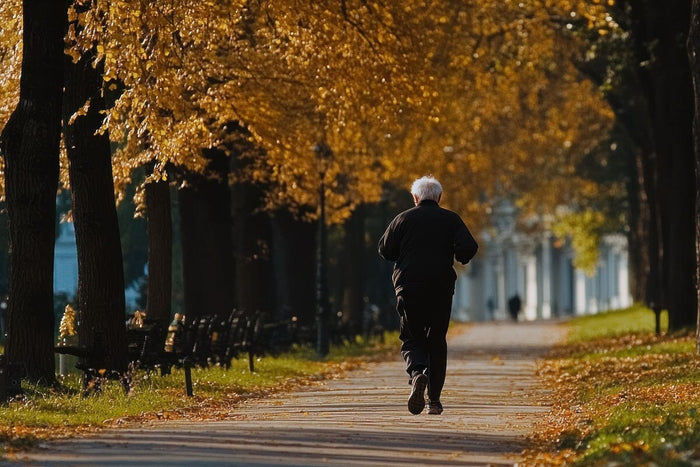 Back view of a senior man running on a trail with autumn leaves hanging overhead.
