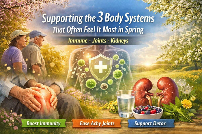 Spring wellness illustration showing older couple outdoors, immune shield, joints, and kidneys with healthy foods and sunlight.