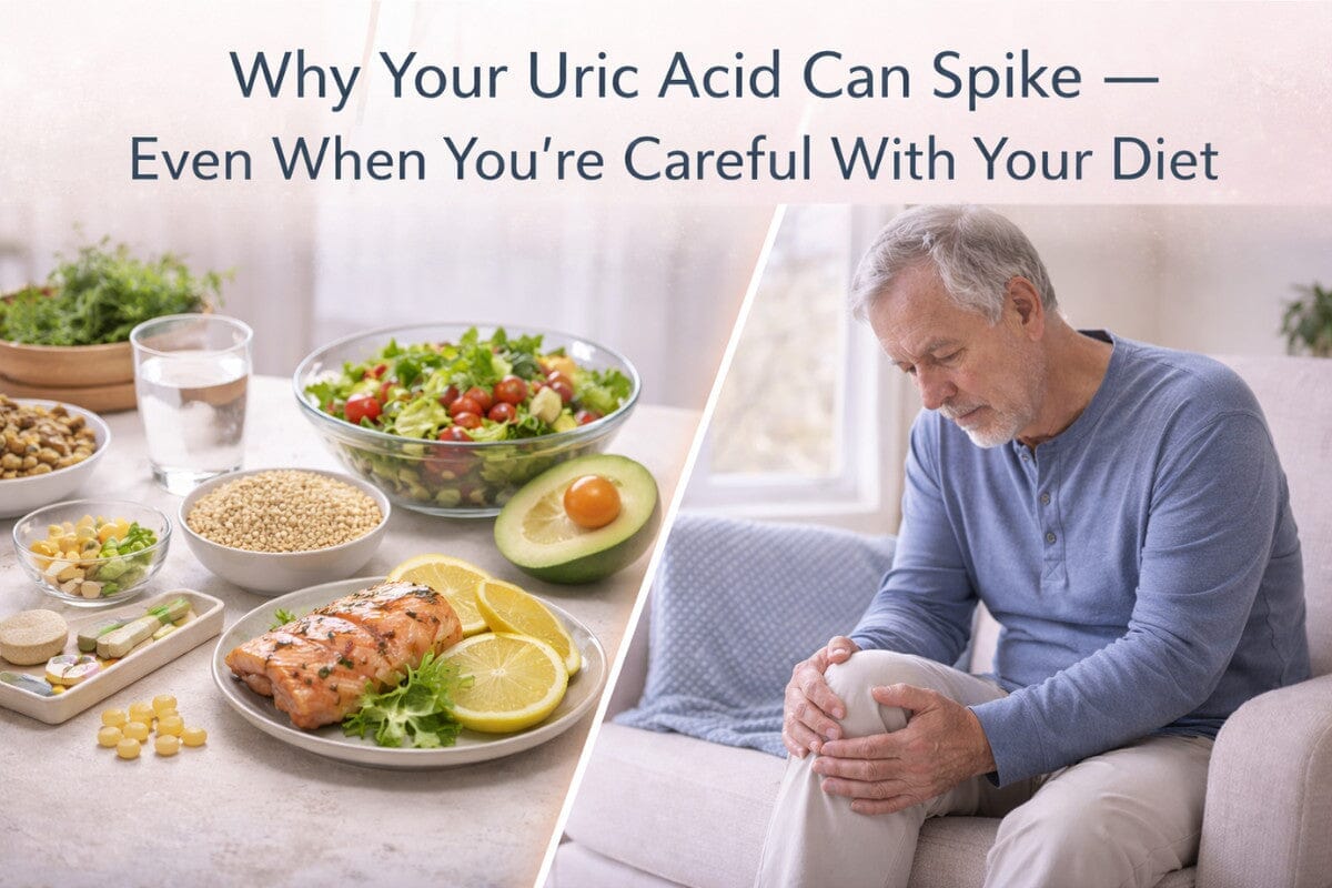 Healthy foods beside an older man holding his knee, showing joint pain despite careful diet.