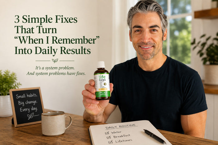 Man holding a Lifetones Uric Acid Support tincture bottle with a daily wellness routine setup on a kitchen table.