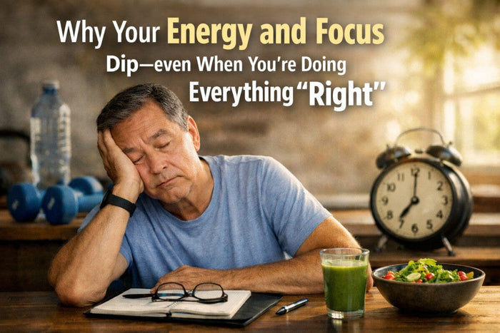 Older man looking fatigued at a table with healthy food and a notebook, illustrating low energy despite healthy habits