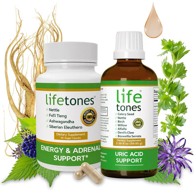 Lifetones Uric Acid Support Tincure + Energy & Adrenal Support Capsules Bundle