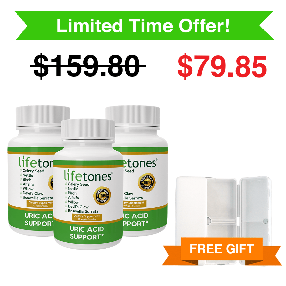 Lifetones Uric Acid Support Capsules | Free Supplement Case