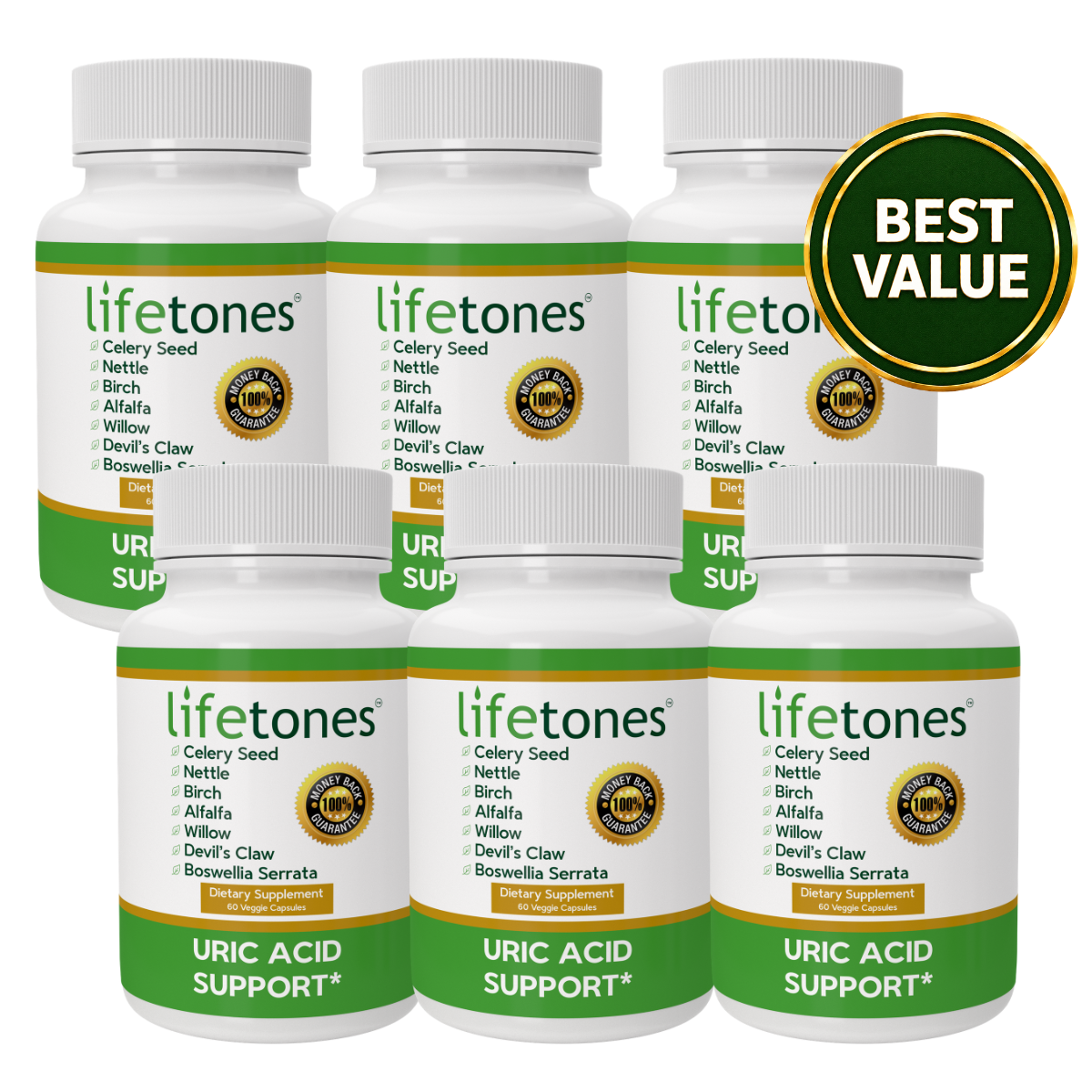 6 bottles of Lifetones Uric Acid Support Capsules