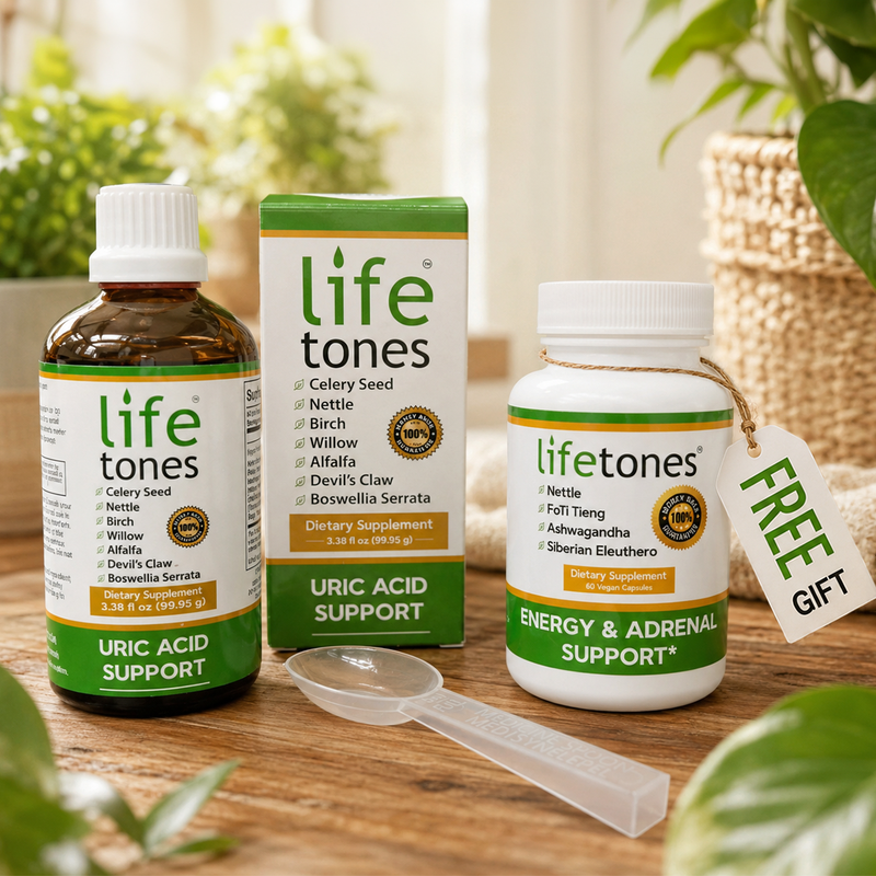 Lifetones Uric Acid Support Tincture beside the free bottle of Energy and Adrenal Support Capsules