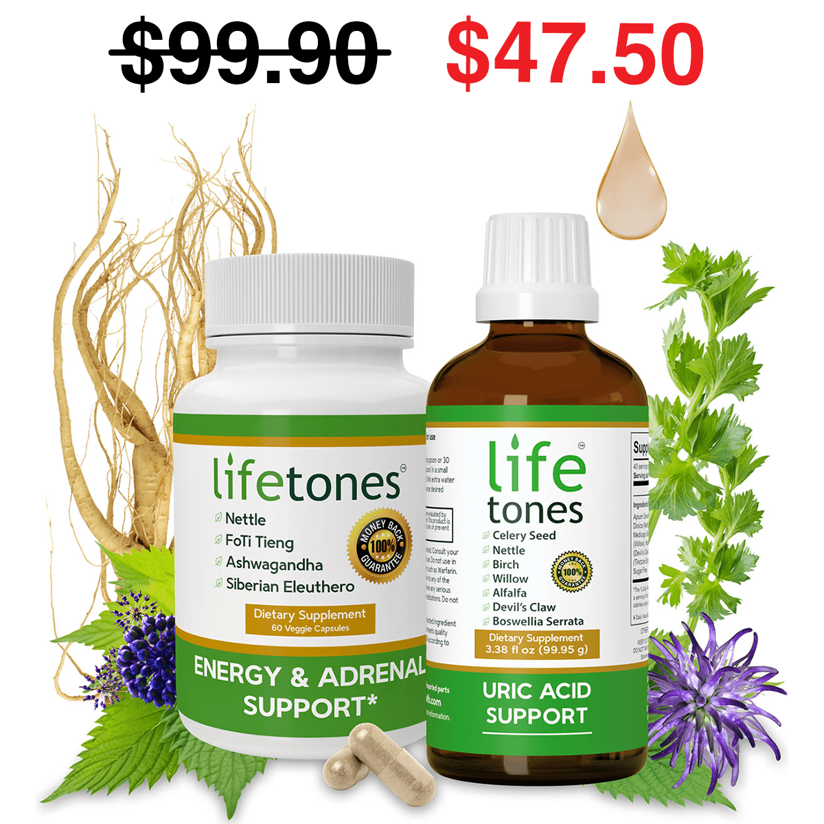 Lifetones Uric Acid Support Tincture + Energy & Adrenal Support Capsules Bundle