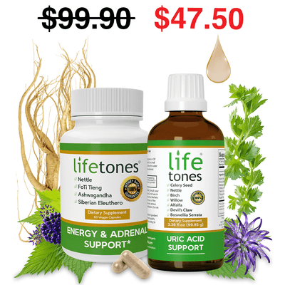 Lifetones Uric Acid Support Tincture + Energy & Adrenal Support Capsules Bundle