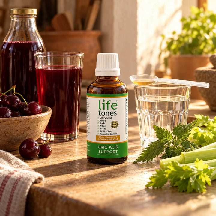 A glass of tart cherry juice in shadow next to the Lifetones bottle and a glass of water in warm light