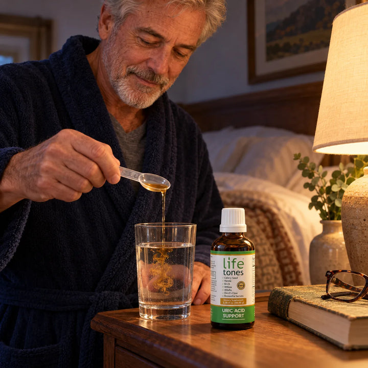 A man in his 60s in a robe pouring a half teaspoon of Lifetones into a glass of water at his nightstand before bed