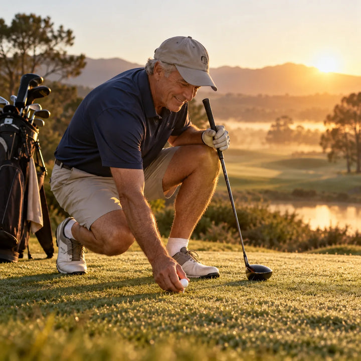 A man in his 60s bending easily to tee up a golf ball on a misty course at sunrise