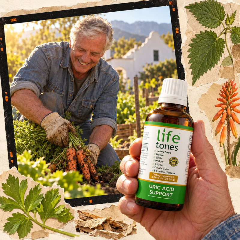 Smiling man in his 60s harvesting carrots in a South African garden, with a hand holding the Lifetones bottle