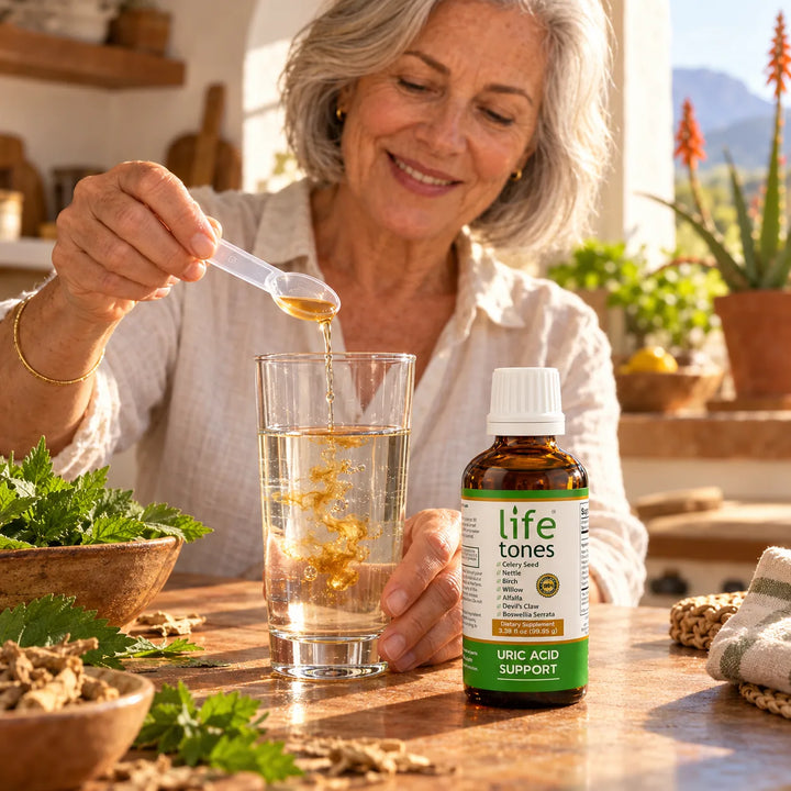 Woman in her 60s stirring half a teaspoon of Lifetones into a glass of water at a sunny kitchen table