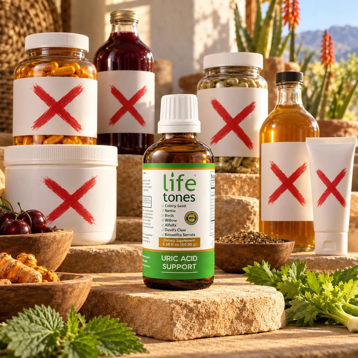 The Lifetones bottle on a stone pedestal surrounded by crossed-out tart cherry juice, turmeric and single-herb supplements