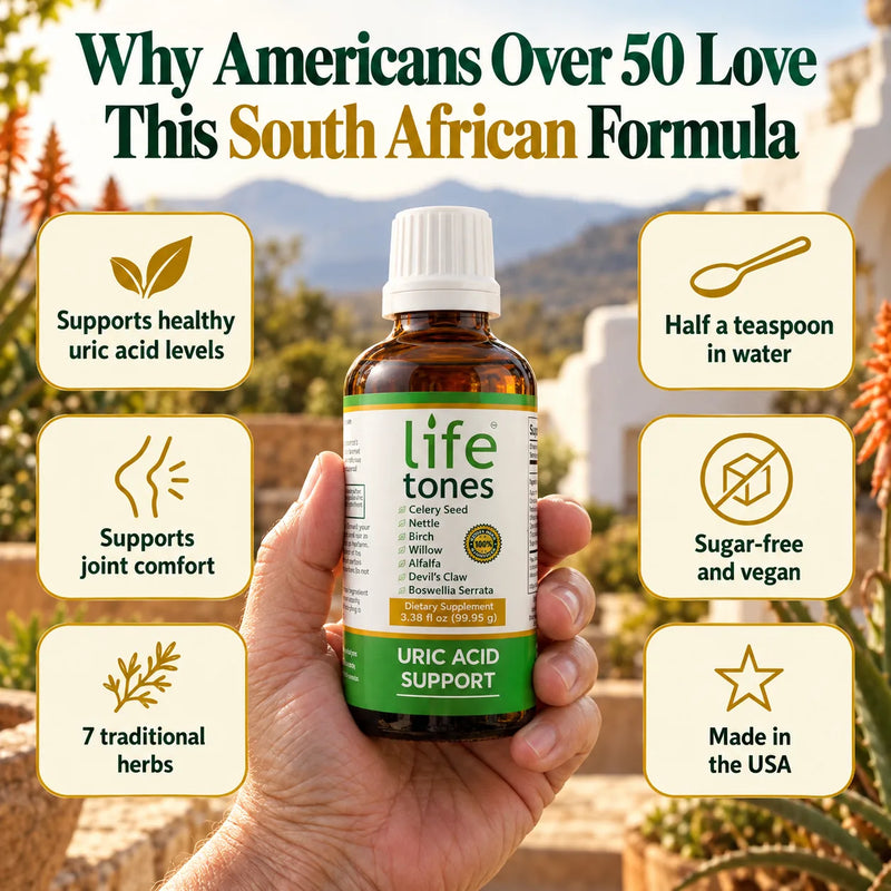 Why Americans over 50 love this South African formula: supports healthy uric acid levels, supports joint comfort, 7 traditional herbs, half a teaspoon in water, sugar-free and vegan, made in the USA