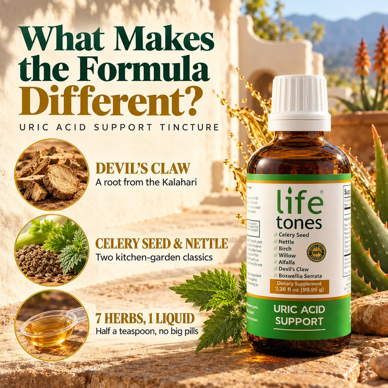 What makes the formula different: devil&rsquo;s claw from the Kalahari, celery seed and nettle, 7 herbs in 1 liquid