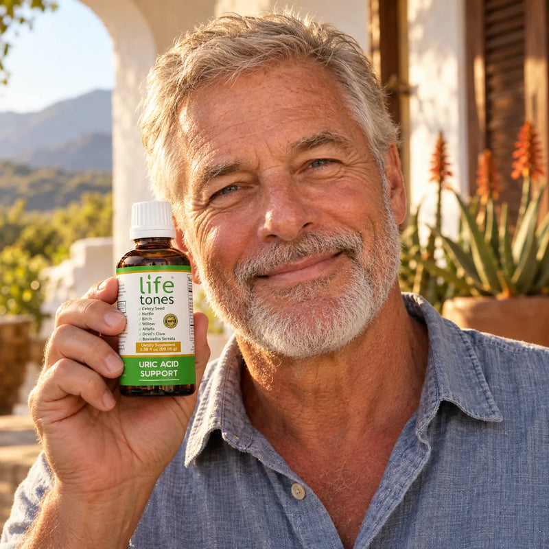 Smiling silver-haired man in his 60s holding the Lifetones bottle beside his face